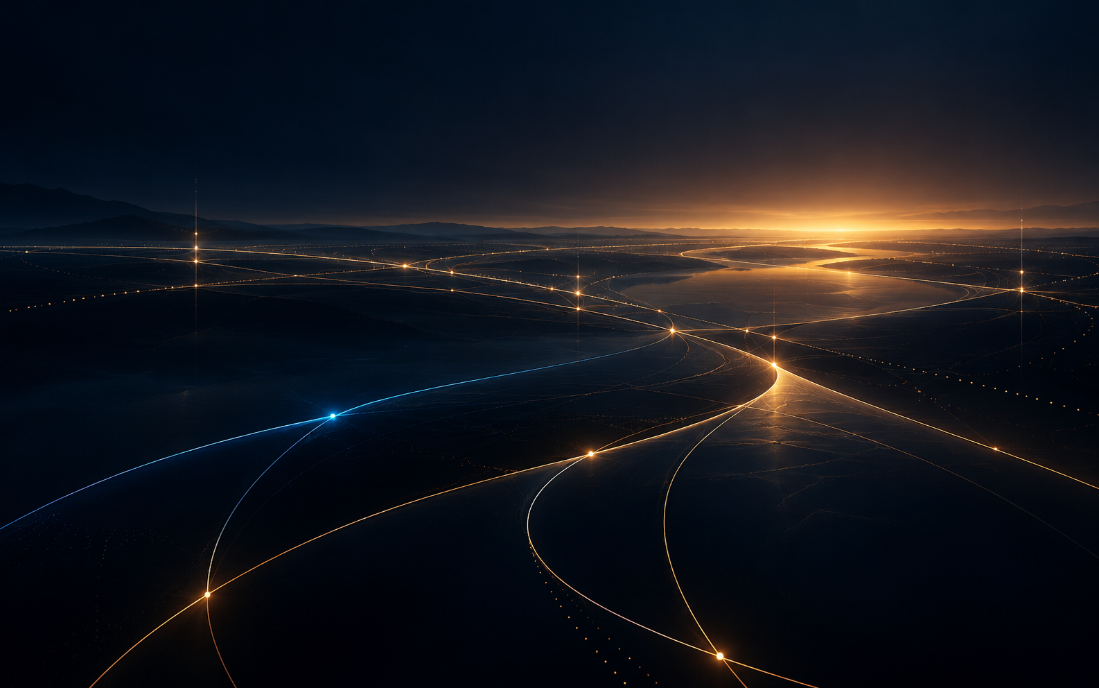 A dark horizon crossed by fine amber and blue lines of light